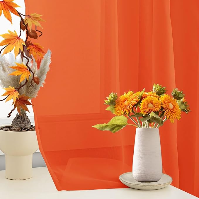 Sheer Curtains 54 Inches Long 2 Panels, Rod Pocket Short Curtain for Kitchen, Bedroom, Cafe Window(Burnt Orange 38" W x 54" L)