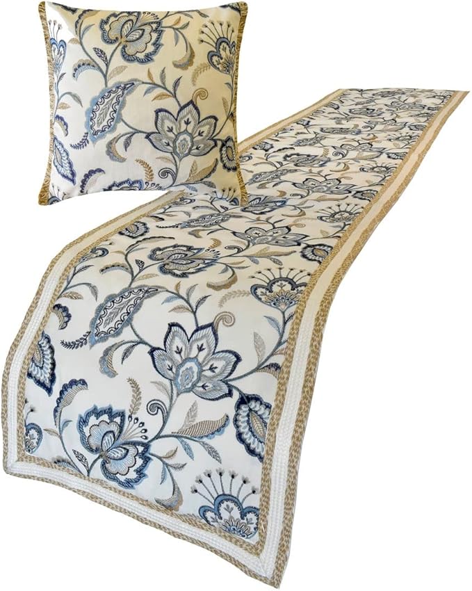 The HomeCentric King/Queen/Twin Blue Designer Full 68"x18" Bed Runner with Pillow Cover, Floral, Embroidered, Jute Lace & Lace Bed Scarf on Cotton Fabric - Morning Glories