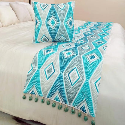 The HomeCentric King/Queen/Twin Blue, Ivory & Grey Decorative CA King 86"x18" Bed Runner with 2 Pillow Cover, Quilted & Printed Bed Scarf on Cotton Fabric - Tallulah