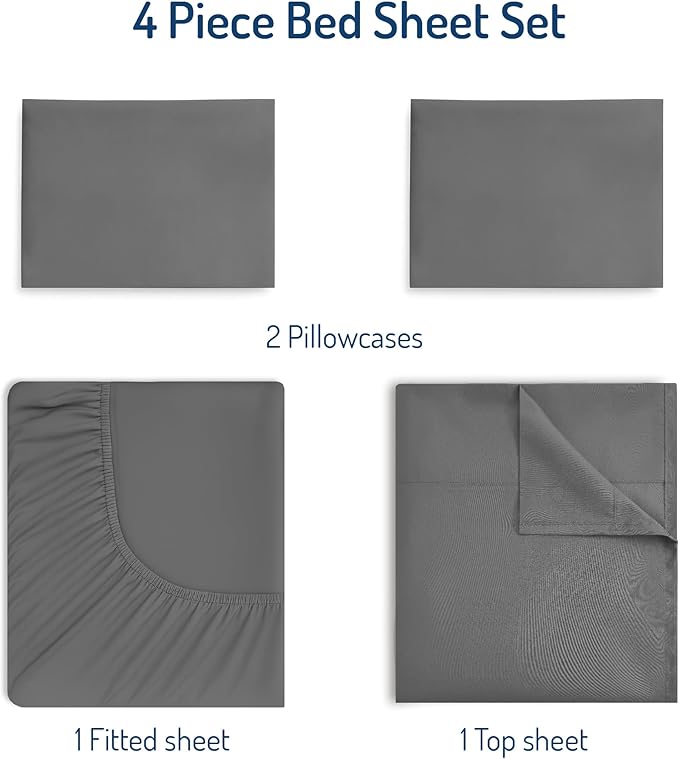 Degrees of Comfort Twin Sheet Set for Air Mattress – Extra Deep Pocket Fitted Sheet up to 22”, 4-Piece Bedding Sets with Dual Side Pockets, Soft & Wrinkle-Free, Breathable Fabric, Grey