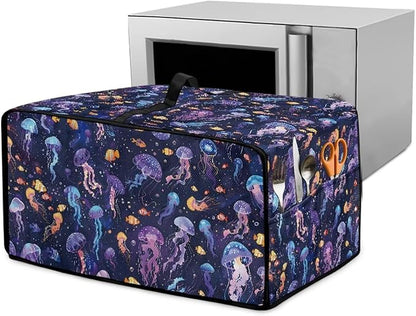 Jellyfish Clownfish Bubble Print Microwave Oven Cover Dust-Proof Fabric Toaster Oven Covers Easy to Clean Foldable Microwave Oven Grill Cover Protector with Top Handle, L