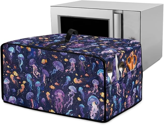 Jellyfish Clownfish Bubble Print Microwave Oven Cover Dust-Proof Fabric Toaster Oven Covers Easy to Clean Foldable Microwave Oven Grill Cover Protector with Top Handle, M