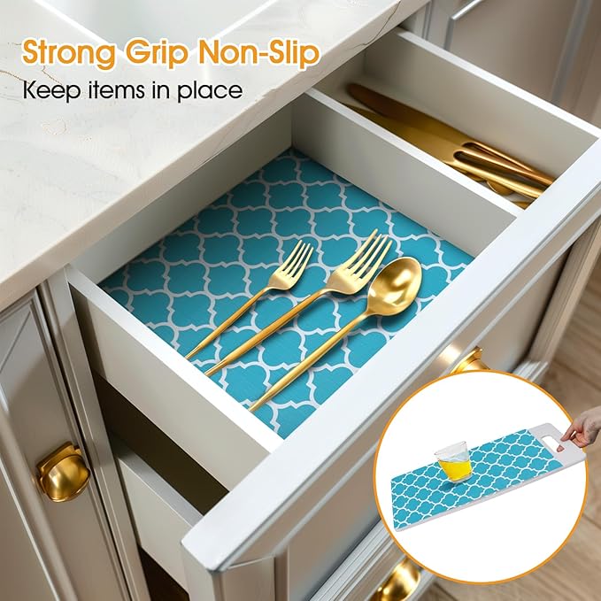 Shelf and Drawer Liner for Kitchen Cabinets Non-Adhesive, Strong Grip Non-Slip Thickened Cabinet Liners for Shelves, Waterproof Mats for Dresser Cupboard, Green/White, 17 in x 30 Feet