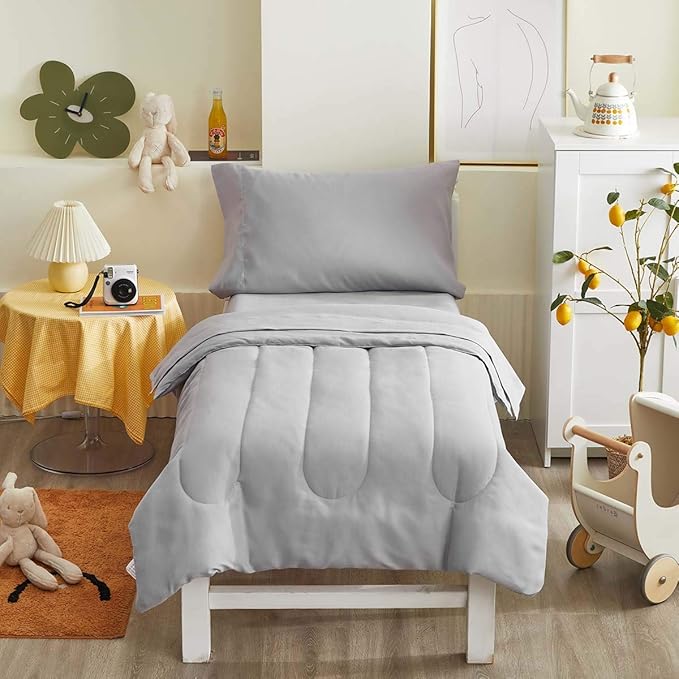 UOZZI BEDDING 4 Pieces Toddler Bedding Set Ultra Soft and Breathable Toddler Sheet Set - Includes Comforter, Flat Sheet, Fitted Sheet and Pillowcase - Gray