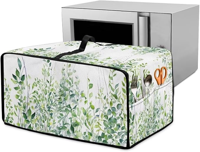 Toaster Oven Dust Cover with Storage Pockets, Dust-Proof Kitchen Appliance Protector for Small Appliances Convection Ovens, M, 16.5 x 20.5 x 10 Inches, Green Leaf White