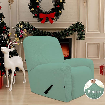 Easy-Going Recliner Stretch Sofa Slipcover Sofa Cover 4-Pieces Furniture Protector Couch Soft with Elastic Bottom Polyester Spandex Jacquard Fabric Small Checks(Recliner, Cyan, Large)