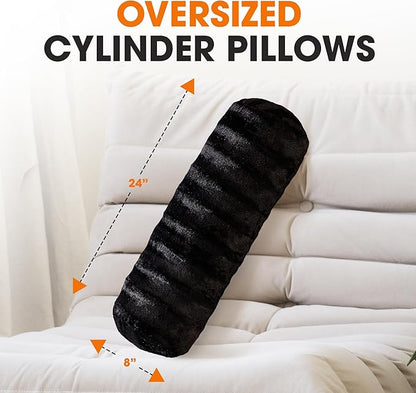 Cheer Collection Faux Fur Bolster Pillows – Soft Decorative Cylinder Pillows for Bed or Couch, Machine Washable – 8” x 24”, Set of 2, Black