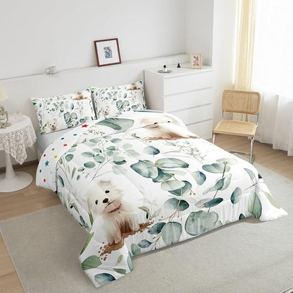 Erosebridal Cute Dog Toddler Bedding Sets for Kids Child Green Eucalyptus Comforter Set, Pet Animal Bedding Comforter Sets Botanical Plant Leaves Duvet Insert, Cartoon Pug Puppy Down Comforter