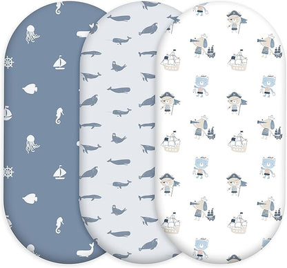 Baby Bassinet Sheets Girl Boy, Stretch Fitted Bassinet Sheet Set 3 Pack Bassinet Mattress Sheets Universal Fit for Rectangle, Round, Oval, Hourglass Mattress, Soft Breathable Blue Ocean Sailor