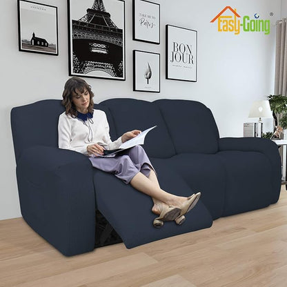 Easy-Going 8 Pieces Recliner Sofa Stretch Sofa Slipcover Sofa Cover Furniture Protector Couch Soft with Elastic Bottom Kids, Spandex Jacquard Fabric Small Checks Dark Blue