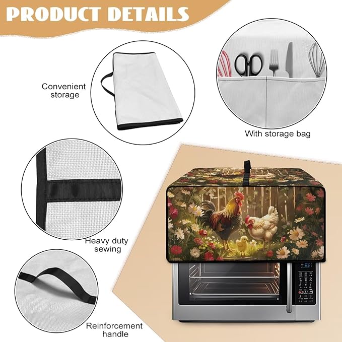 Air Fryer Toaster Oven Dust Cover with Side Pockets, Protective Countertop Microwave Oven Cover for Home Indoor Decor, L, 18.5 x 22.5 x 13 Inches, Rooster Chicken Daisy Print