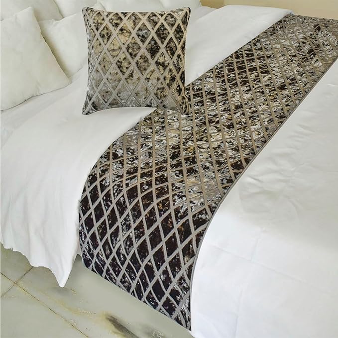HomeCentric Decorative Bed Runner - Twin/Queen/King, 68"x18", Diamond Pattern, Velvet Fabric - Grey Verve
