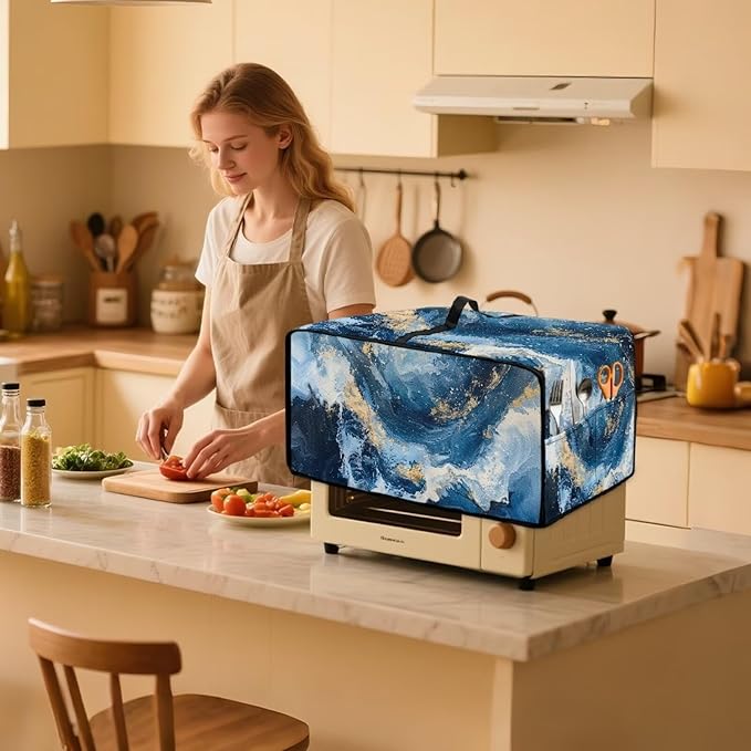 Blue Golden Marble Texture Print Microwave Oven Cover Dust-Proof Polyester-Linen Fabric Toaster Oven Cover Easy to Clean Microwave Grill Cover Protector with Top Handle, M