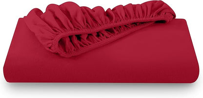 Bare Home Flannel Fitted Bottom Sheet 100% Cotton, Velvety Soft Heavyweight - Double Brushed Flannel - Deep Pocket (Twin, Red)