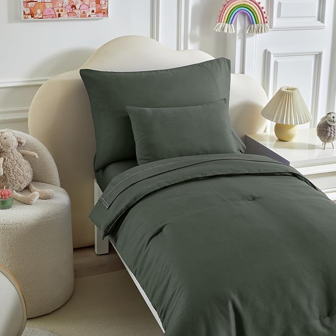 Toddler Bedding Set - 5 Piece Soft and Breathable Toddler Bed Set for Boys and Girls, Includes Quilted Comforter, Fitted Sheet, Flat Top Sheet, Standard Pillowcase and Toddler Pillowcase, Dark Green