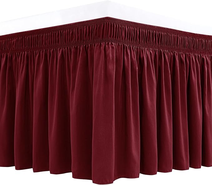 Biscaynebay Wrap Around Bed Skirts for Queen Size Beds 18" Drop, Burgundy Adjustable Elastic Dust Ruffles Easy Fit Wrinkle Resistant Silky Luxurious Fabric Machine Washable