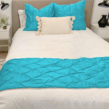 Bed Runner Set - 100% Pure Cotton 800 Thread Count - Luxury 1 Pinch Pleated Bed Runner and 2 Pillow Cover - 3 Piece Pinch Pleated Bed Runner Set Queen, Turquoise