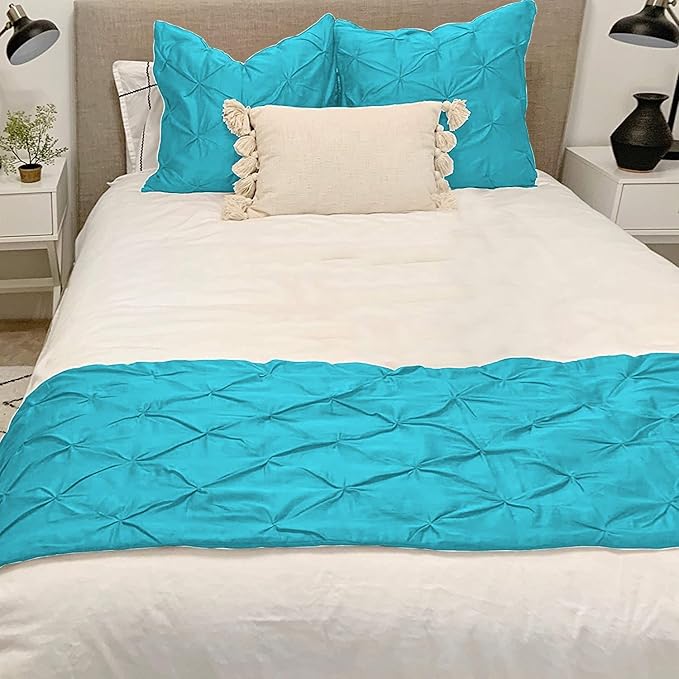 Bed Runner Set - 100% Pure Cotton 800 Thread Count - Luxury 1 Pinch Pleated Bed Runner and 2 Pillow Cover - 3 Piece Pinch Pleated Bed Runner Set Twin, Turquoise