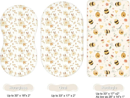 Bassinet Sheets for Baby Girls Boys 2 Pack, Fitted Baby Mattress Sheet for Rectangle, Oval, Hourglass Bassinet Mattress, Breathable Cozy & Universal Fit (Honeybee Dreams)