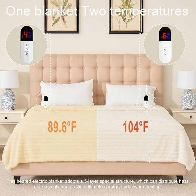Heated Blanket 90"X100",Fast Heating Blanket with 6 Heat Levels 10 Hours Auto-Off Overheat Protection,Stripe Faux Rabbit Fur Soft Warm, ETL Certified,Cream