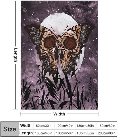 Death Moth Blanket, Boho Gothic Skull Moth Purple Starry Plant Full Moon Mysterious Witchy Throw Blanket for Couch Sofa Office Bed Travelling Bed Throws, 30"x40"