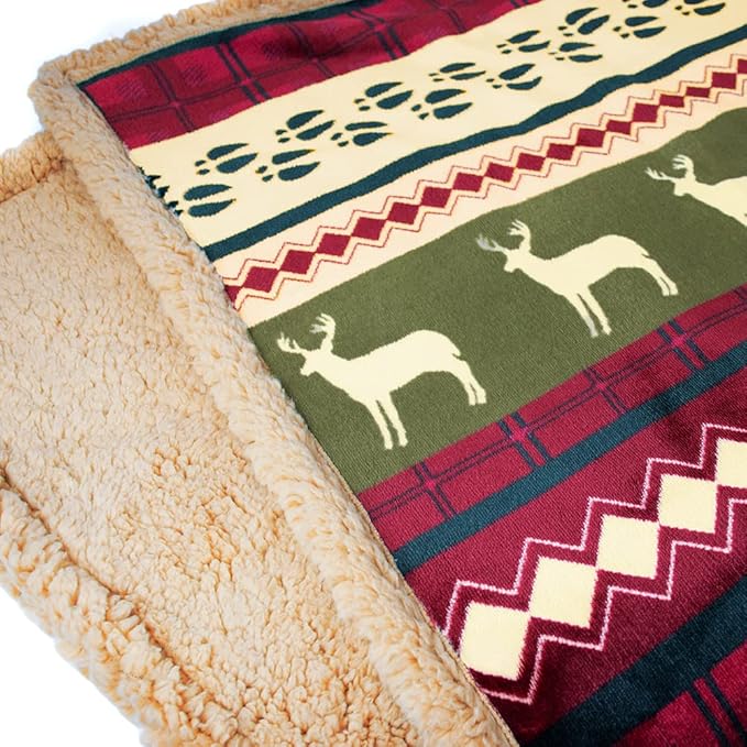 PAVILIA Premium Christmas Sherpa Throw Blanket, Green Red Cabin Design with Reindeer Print, Ultra Soft Reversible Fleece & Sherpa 60x80 Cozy Winter Blanket, Cozy Christmas Holiday Decor