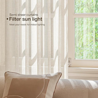 Anmao Natural Linen Curtains for Living Room 90 Inch Length 2 Panels Set, Light Filtering Semi Sheer Window Curtain Drapes for Bedroom with Curtain Rings and Clips, 52 Inch Wide Each Panel, Ecru