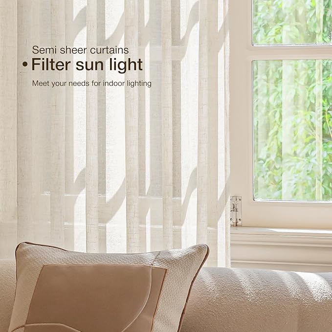 Anmao Natural Linen Curtains for Living Room 54 Inch Length 2 Panels Set, Light Filtering Semi Sheer Window Curtain Drapes for Bedroom with Curtain Rings and Clips, 52 Inch Wide Each Panel, Ecru