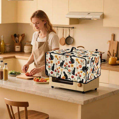 Black Cat Rose Daisy Floral Print Microwave Oven Cover with Storage Pockets Toaster Oven Dust Cover Universal Dustproof Kitchen Appliance Protector Suitable for Most Microwave Ovens, M