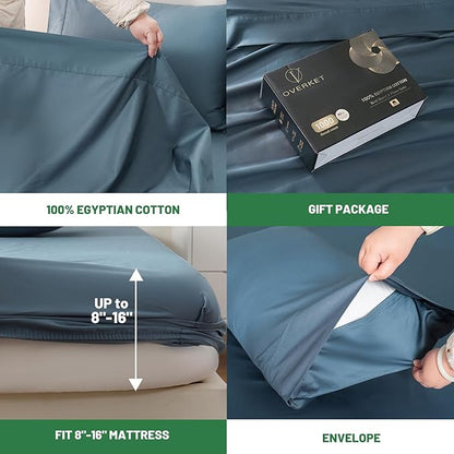 Egyptian Cotton Sheets Full Size 1000 Thread Count Sateen Weave Soft Breathable 16-Inch Deep Pocket 4PCS（Full,Dusty Blue）