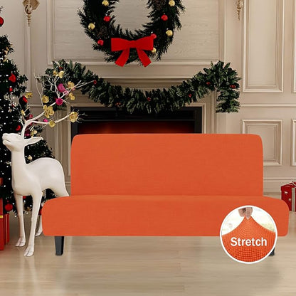 Easy-Going Stretch Futon Slipcover Armless Futon Bed Cover Furniture Protector Without Armrests with Elastic Bottom for Kids, Soft Jacquard Fabric Small Checks (Large, Orange)