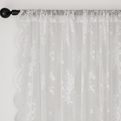 Anmao Vintage Lace Curtains 63 Inches Long 2 Panels, Romantic Elegant Light Filtering Semi Sheer Floral Thick Lacy Curtain Drapes for Living Room and Bedroom, Each Panel 55W x 63L, White Rose