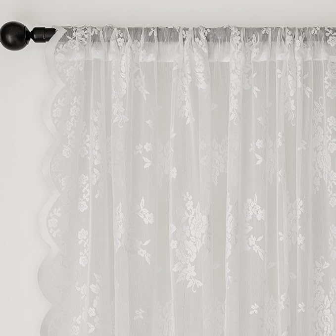 Anmao Vintage Lace Curtains 84 Inches Long 2 Panels, Romantic Elegant Light Filtering Semi Sheer Floral Thick Lacy Curtain Drapes for Living Room and Bedroom, Each Panel 55W x 84L, White Rose