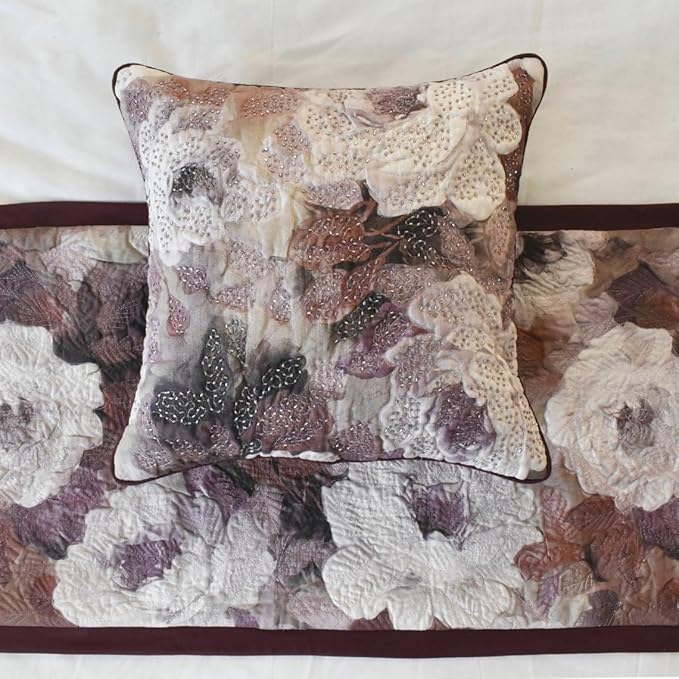 The HomeCentric King/Queen/Twin Purple Decorative King 90"x18" Bed Runner Without Pillow Cover, Floral, Roses, Bead Embroidery & Handmade Bed Scarf on Jacquard Fabric - Wood Rose