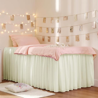 RIMELA Cream Dorm Bed Skirt Twin XL 32 Inch Drop, Easy to Install Extra Long Wrap Around Elastic Dust Ruffle, Bedskirt Silky Fabric Machine Washable (Twin XL 80“L x 39”W & Twin 75“L x 39”W)