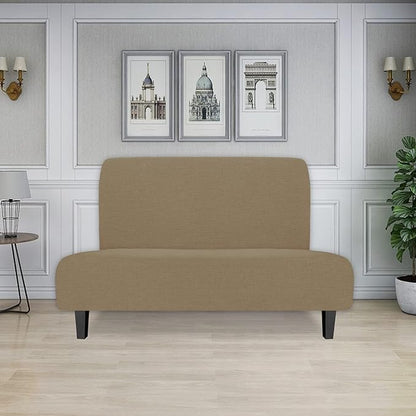 Easy-Going Stretch Futon Slipcover Armless Futon Bed Cover Furniture Protector Without Armrests with Elastic Bottom for Kids, Soft Jacquard Fabric Small Checks (Medium, Tan)