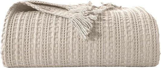 100% Cotton Waffle Blanket with Fringe, Pre-Washed Waffle Weave Blanket for All Season, Lightweight Breathable Soft Cozy Throw Blanket for Couch, Bed, Travel (Beige - 66x90 Inches)