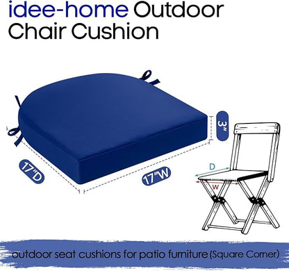 idee-home Outdoor Chair Cushions Set of 2, Thick 17" x 17" x 3" Patio Chair Cushions for Outdoor Furniture Waterproof with Ties, Outdoor Seat Cushion, Patio Chair Pads Dining Chair Dark Cerulean
