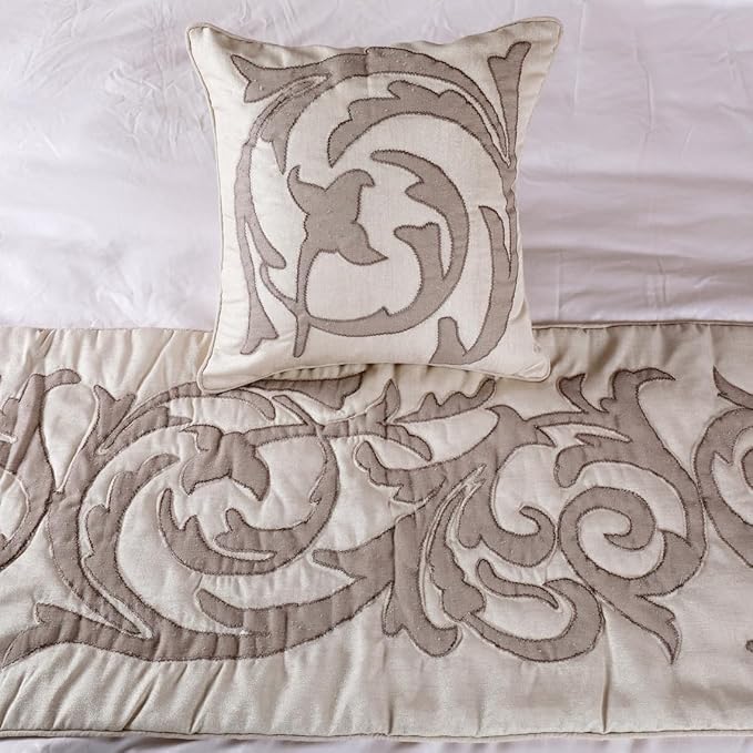 The HomeCentric Handmade Ivory & Beige King 90 x 18 inch Bed Runner with Matching Pillow Cover, Linen Lurex Applique Bed Scarf, Abstract Modern - Pretty Dainty