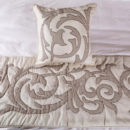 The HomeCentric Handmade Ivory & Beige King 90 x 18 inch Bed Runner with Matching Pillow Cover, Linen Lurex Applique Bed Scarf, Abstract Modern - Pretty Dainty