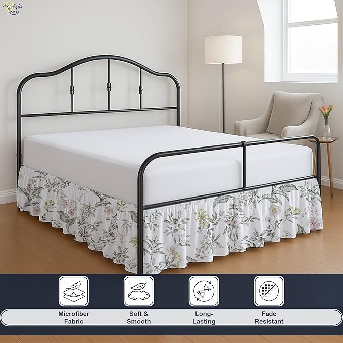 Cottington Lane Ruffled Bed Skirt Queen Size with Split Corner, Brushed Microfiber Hotel Quality Dust Ruffle, 12 Inch Drop Gathered Bedskirt, Soft, Stylish, Shrink & Fade Resistant, Morning Petals