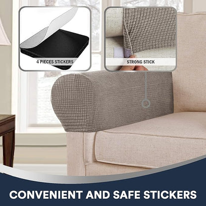 Stretch Sofa Arm Covers Spandex Jacquard Anti-Slip Couch Arm Covers with Sticker Furniture Armrest Protector for Sofa Couch Chair Recliner, Set of 2, Taupe