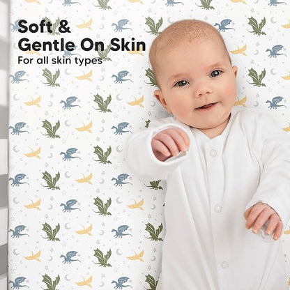 KeaBabies 2-Pack Baby Crib Sheets for Boys, Girls - 52x28 Viscose Derived from Bamboo Toddler Bed Sheets Neutral, Fitted Crib Mattress Cover for Standard Baby Bedding, Soft & Cozy (Dragon Tale)