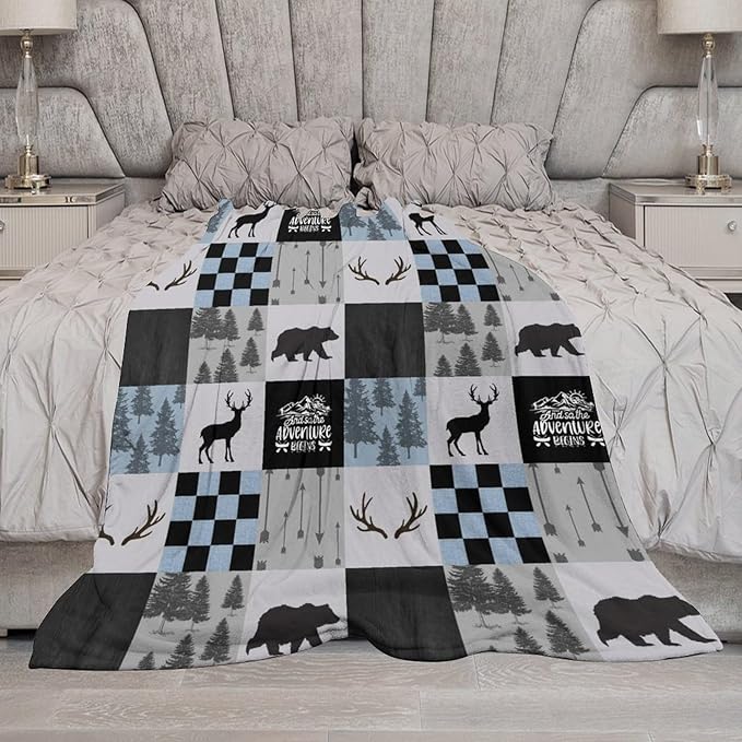 Bear Cabin Plaid Blanket, Rustic Retro Bear Deer Patchwork Gray Blue Farmhouse Throw Blanket for Couch Bed Living Room, 40"x50"