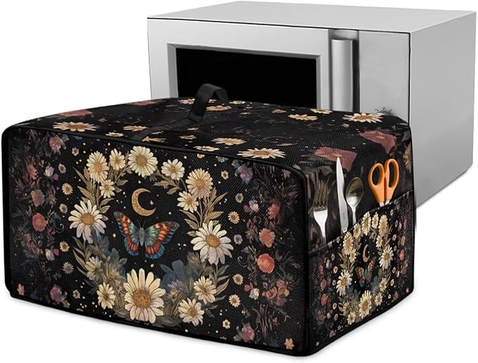 Vintage Daisy Butterfly Moon Print Toaster Oven Cover with Storage Bags Dust Cover for Microwave Oven Polyester-Linen Small Appliance Dust Covers Fits Most Microwaves, L
