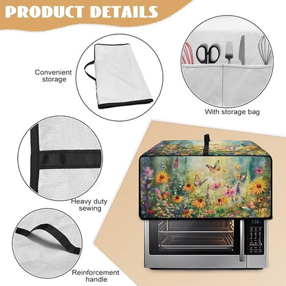 Microwave Oven Dust Cover with Storage Bags Waterproof Microwave Oven Grill Cover Protector Universal Reusable Decor Accessories for Kitchen, Vintage Daisy Sunflower Floral Butterfly Print, M