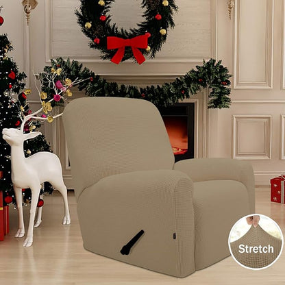 Easy-Going Recliner Stretch Sofa Slipcover Sofa Cover 4-Pieces Furniture Protector Couch Soft with Elastic Bottom Kids Spandex Jacquard Fabric Small Checks(Recliner,Tan,Large)