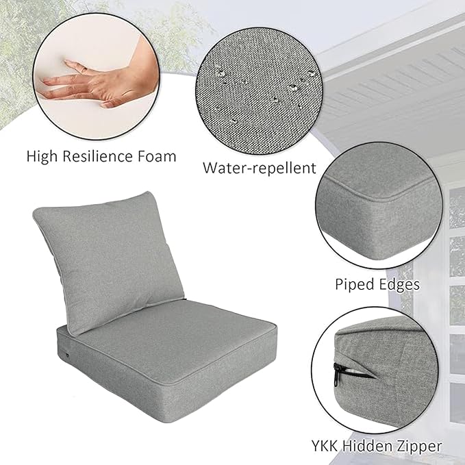 COZYVIDA Outdoor/Indoor 24x24 inch Deep Seat Patio Cushions Set of 2 Resilient Foam Filling Water Repellent Stain-Resistant UV Resistant Weather Resistant Patio Cushions Light Grey