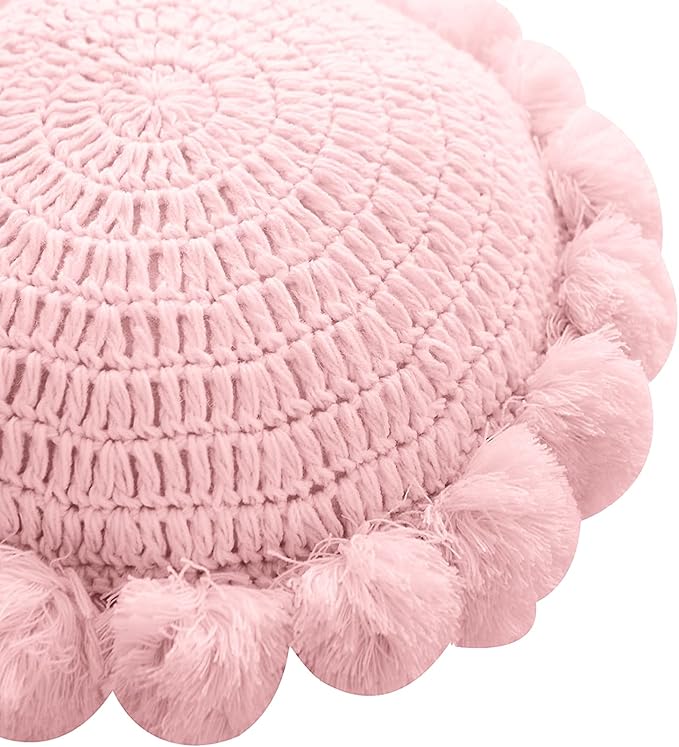 Boho Round Throw Pillow with Cute Handmade Pom Poms Tassels 18 Inch, Decorative Circular Knitted Crochet Cushion for Couch, Sofa, Chair, Bed, Pink