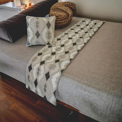 The HomeCentric King/Queen/Twin Beige Decorative Bed Runner Full 68"x18" Bed Runner with Two Pillow Cover, Embroidery,Aztec Bed Scarf on Linen Fabric - Thread Tale